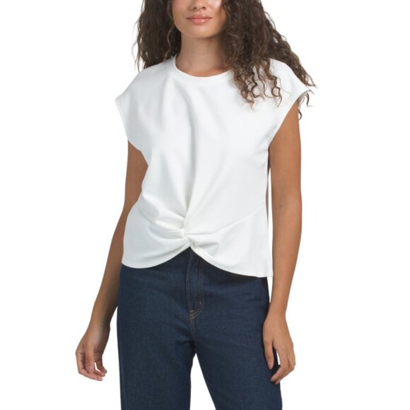 MODERN WORKS Ivory Scuba Ponte Knot Front Cap Sleeve Top - Picture 1 of 2